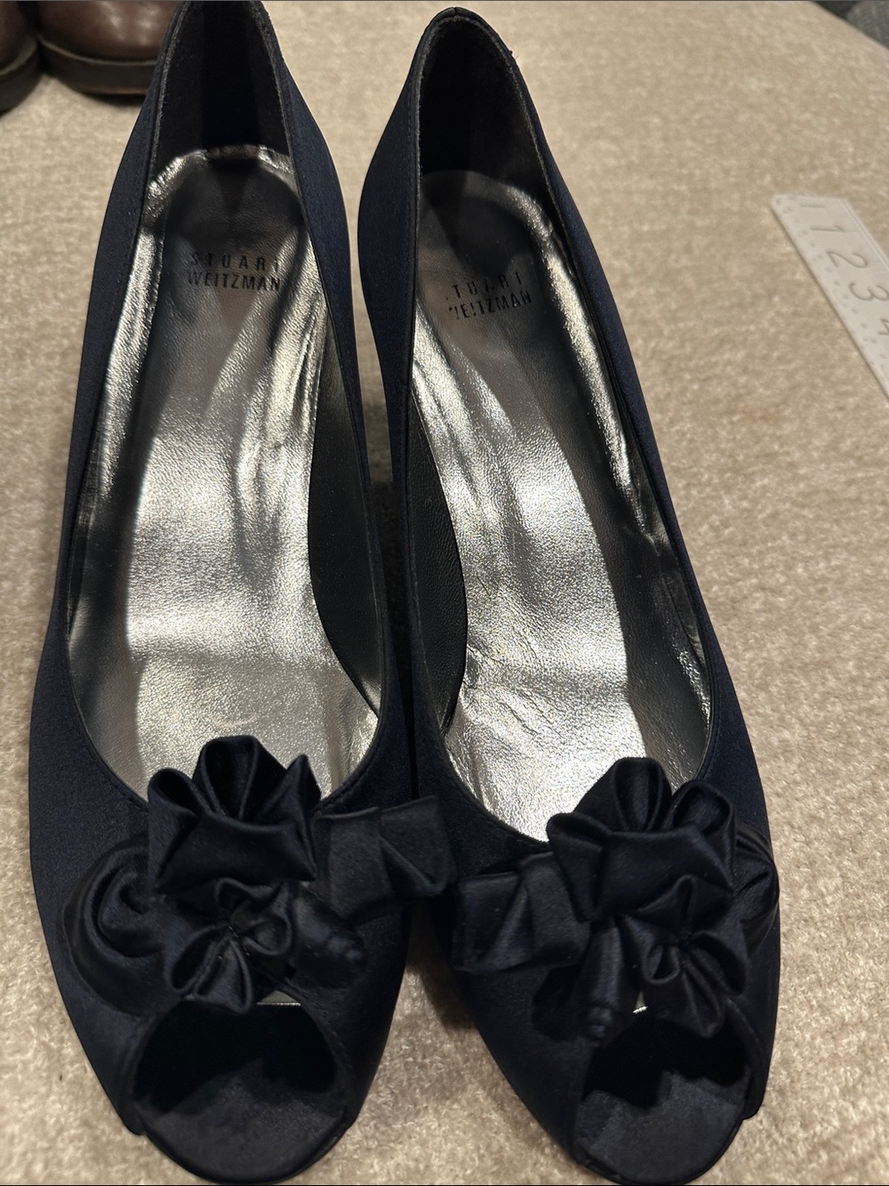 Stuart Weitzman Navy Satin Peep-Toe Heels with Floral Bow
